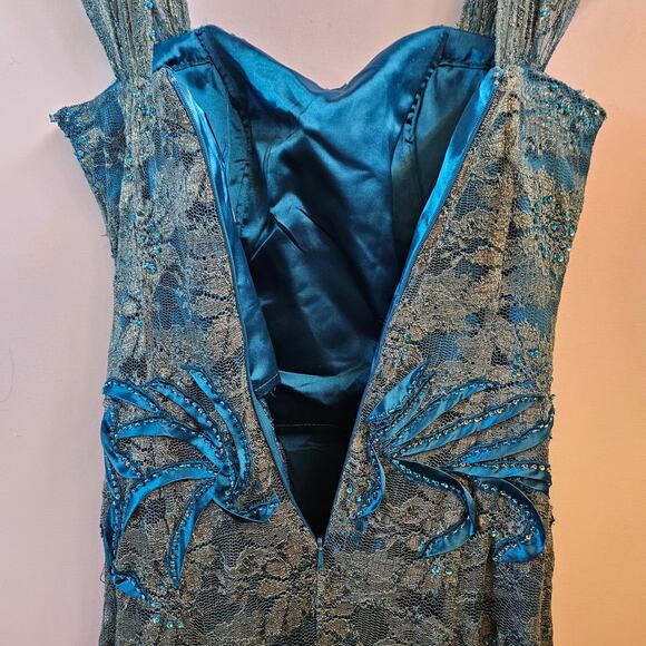 Fabuluxe Couture Maxi Gown Size M Teal Green Lace Fairy Formal Prom Event - Picture 4 of 10